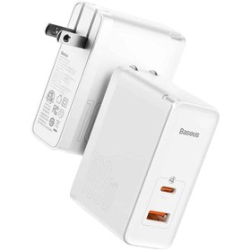 تصویر شارژر دیواری 100 وات باسئوس مدل GaN5 PRO 100W به همراه کابل تبدیل USB-C - سفید 