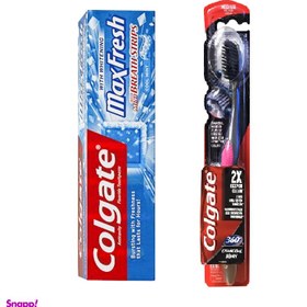 تصویر مسواک کولگیت (Colgate) به همراه خمیر دندان مدل Max Fresh رنگ آبی مجموعه 2 عددی 