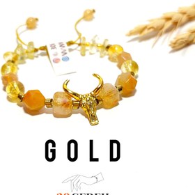 تصویر دستبند سنگی سیترین اصل با پلاک بوفالو دستبند سنگی طلا Citrine stone bracelet gold stone