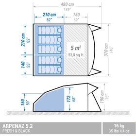 تصویر چادر کمپینگ 5 نفره کچوا – 2 اتاق – آرپناز 5.2 تازه و مشکی 