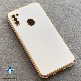 تصویر قاب گوشی Galaxy A11 - Galaxy M11 سامسونگ طرح ژله ای مای کیس گلد لاین دور طلایی محافظ لنز دار سفید 