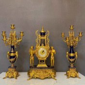 تصویر ساعت و شمعدان آبی و طلایی برنز 