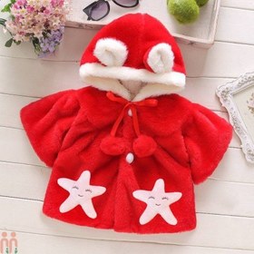 تصویر لباس شنل دخترانه کلاهدار خز وارداتی نوزاد و کودک 3 لایه قرمز ستاره girl warm red hooded cape 