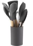 تصویر سرویس کفگیر و ملاقه سیلیکونی 12 پارچه طوسی دسته چوبی Kitchen Set silicone Kitchen Set