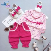 تصویر بلوز شلوار دخترانه نوزادی گلسرخی سایز ۳ تا ۶ ماه 