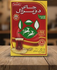 تصویر چای سیلان سیاه ساده نیم کیلویی دو غزال با نشان شیر و شمشیر(پرچم کشور سریلانکا)| طعم اصیل چای سیلان از برند جهانی اکبر برادرز 