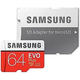 تصویر کارت حافظه سامسونگ ظرفیت 64 گیگابایت مدل Evo Plus UHS-I U3 Class 10 با خشاب Samsung Evo Plus UHS-I U1 Class10 microSDHC