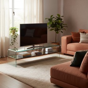 تصویر میز تلویزیون با طبقه چوبی آینه دار 