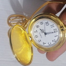 تصویر ساعت جیبی زنجیرماری مدل استیل درجه یک رنگ طلایی 