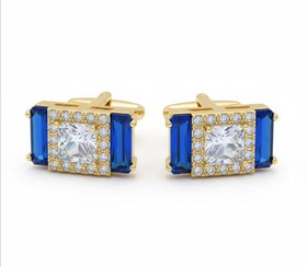 تصویر دکمه سردست طلایی یاقوت کبود سه‌سنگ - مدل تاج آبی 