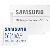 تصویر کارت حافظه microSDXC سامسونگ مدل Evo Plus A2 V30 کلاس 10 استاندارد UHS-I U3 سرعت 130MBps ظرفیت 512 گیگابایت به همراه آداپتور SD 