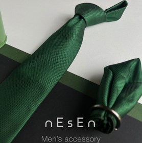 تصویر ست کراوات و دستمال جیب مردانه نسن | سبز زمردی ساده (جودون) T43 