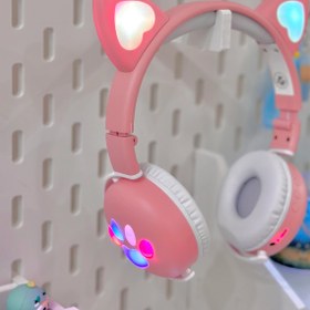 تصویر هدفون خرگوشی چراغ دار مدل Cat Ear رنگ بنفش و صورتی 