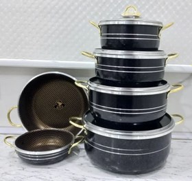 تصویر سرویس قابلمه تفلون 10 پارچه هلنا سایز 32 داخل زنبوری دسته طلایی لب چدن Teflon pot service, 10 fabric, Helena, size 32, bee inside, golden handle, cast iron lip