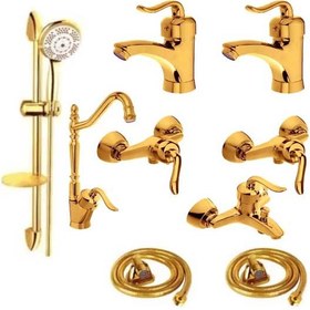 تصویر ست 9 عددی شیرآلات مدل قاجاری با دوش تک کاره جدید - طلایی Ghajari Economic Faucet set nine pieces