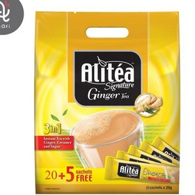 تصویر چای فوری Alitea با اسانس زنجبیل تعداد 25 ساشه در واقع نوعی چای هندی است که طبع گرمی دارد مناسب برای فصل پاییز و زمستان 