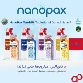 تصویر قرص ضدعفونی کننده و تمیز کننده سطوح Nanopax بسته ۶ عددی همراه اسپری 