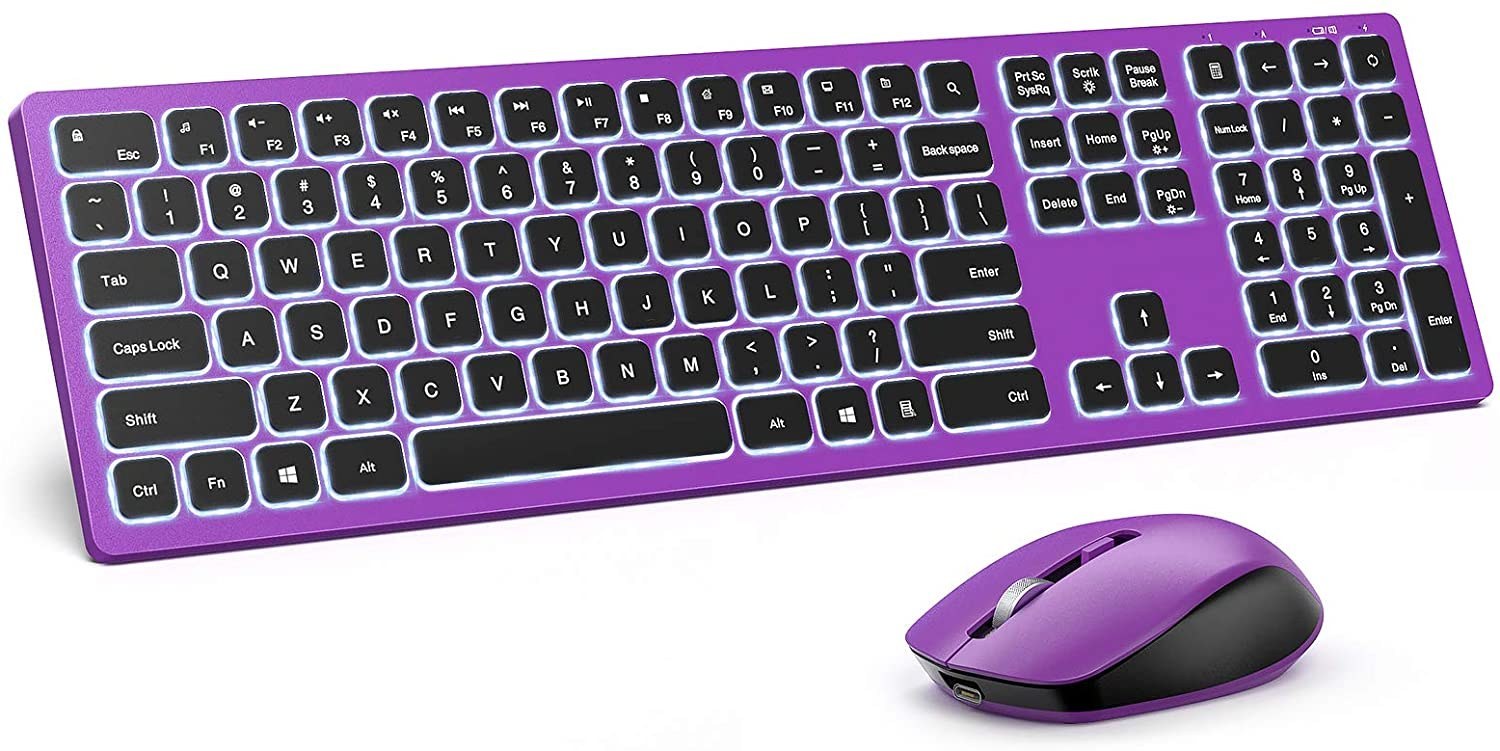 خرید و قیمت Wireless Keyboard and Mouse Backlit- with Illuminated Keyboard,  seenda Rechargeable Full-Sized Keyboard and Mouse Combo for Windows  Computer, Laptop, Desktop (Purple)