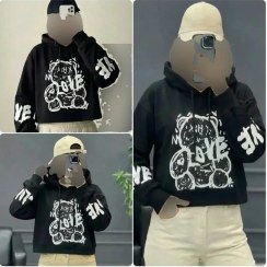 تصویر هودی زنانه طرح خرس love کد 100983 مشکی نخ پنبه فری سایز 