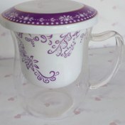 تصویر ماگ پیرکس درب و صافی سرامیکی گلدار دمنوشی Pyrex Tea Infuser Mug