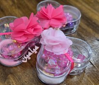 تصویر پک هدیه جشن تکلیف دخترانه تسبیح کریستالی ۳۳ تایی صورتی با پلاک طلایی حجاب 