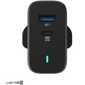 تصویر شارژر دیواری فست شارژ تایپ سی و یو اس بی 63 وات پاورولوژی Powerology Ultra-Quick Charging Adapter PWCUQC004 Powerology 63W Ultra-Quick GaN Charger 45W PD & USB-A Quick Charge 18W QC3.0 PWCUQC004