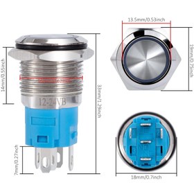 تصویر کلید شستی استیل آبی LED دار قطر 12V/24V - 16mm 