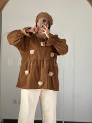 تصویر مانتو مخمل کبریتی تدی عسلی (مدل عروسکی با خرس‌های برجسته) 