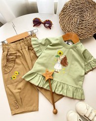 تصویر کراپ شلوارک دخترانه طرح آفتابگردون رنگ صورتی و نسکافه ای و سبز 