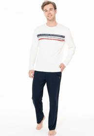 تصویر ست پیژامه مردانه مجموعه لباس خواب مردان جیب 100 ٪ پنبه آستین بلند یقه دوچرخه چوگان افقی چاپ شده U.S. Polo Assn. 