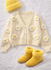 تصویر کاردیگان بافت زنانه گل بابونه وارداتی 