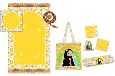 تصویر ست پنج تیکه سجاده جانماز ، کیف ، جامدادی،جامهری ، کیف متبرک ویژه جشن تکلیف جنس مخمل مبلی و چاپ سابلیمیشن