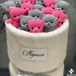 تصویر بوکت عروسکی و دسته گل طوسی صورتی لاکچری 