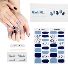 تصویر نوار ناخن ژل نیمه آماده برچسبی رنگ آبی ZUMEY Semi Cured Gel Nail Strips ZUMEY Semi Cured Gel Nail Strips