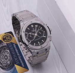 تصویر ساعت مردانه بنداستیل برند هابلوت Hublot نقره ای صفحه مشکی سه موتور فعال 