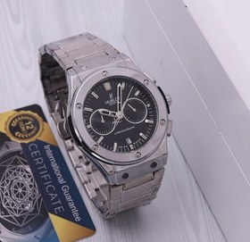 تصویر ساعت مردانه بنداستیل برند هابلوت Hublot نقره ای صفحه مشکی سه موتور فعال 