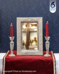 تصویر آینه شمعدان چهارگوش شبه نقره قلم گل و مرغ سفید طرح نقره با روکش و ضمانت 36 ماهه صنایع دستی کیمیاترنج 