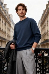 تصویر خرید اینترنتی پلیور مردانه سرمه‌ای ترندیول من TMNAW23SW00190 Lacivert Erkek Basic Oversize Fit Bisiklet Yaka İçi Yumuşak Tüylü Sweatshirt TMNAW23SW00190