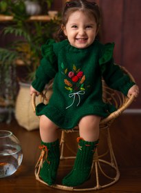 تصویر بلوز بافتنی دخترانه سبز سلطنتی Royal green knitted blouse for girls