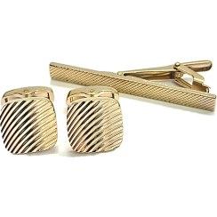 تصویر ست دکمه و گیره کراوات طلایی - مدل خط دار 