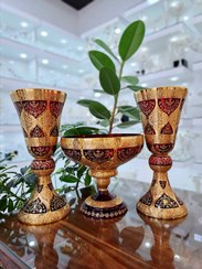 تصویر ست سه تیکه گلدان و میوه خوری کریستال طلاکوب سایز بزرگ کنارسالنی طرح ونوس رنگ قرمز 