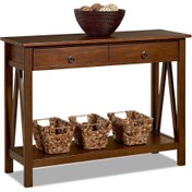 تصویر کنسول چوبی پایه‌دار با دو کشو — کاربردی، شیک و چندمنظوره 