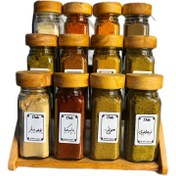 تصویر جا ادویه ی ۱۲ تایی درب چوبی با استند دو حالته (با ادویه ی مرغوب اهواز)(ارسال رایگان) 