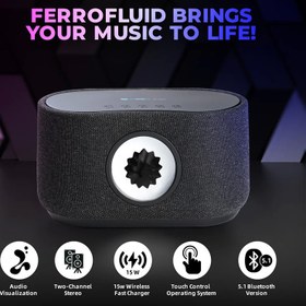 تصویر اسپیکر و شارژر وایرلس ریتمیک ونوم ساند مدل Ferrofluid Bluetooth Speaker Ferrofluid Bluetooth Speaker, Venom Sound rhythmic wireless speaker and charger