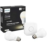 تصویر کیت شروع لامپ هوشمند LED Philips Hue White A19 60W، 2 لامپ سفید 60 واتی A19 و 1 Bridge، با الکسا، اپل هوم کیت و دستیار گوگل (ساکنان کالیفرنیا) کار می کند. Philips Hue White A19 60W Equivalent Dimmable LED Smart Light Bulb Starter Kit, 2 A19 60W White Bulbs and 1 Bridge, Works with Alexa, Apple HomeKit, and Google Assistant (California Residents)