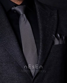 تصویر ست کراوات و دستمال جیب مردانه نسن | طوسی ساده (جودون) S6 
