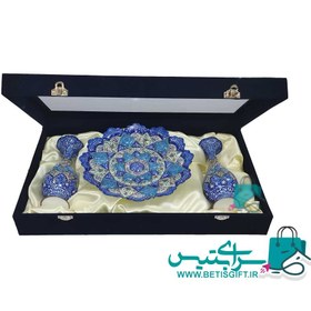 تصویر ست هدیه جفت گلدان 20 و بشقاب 25 مینا کاری مدل اسلیمی 