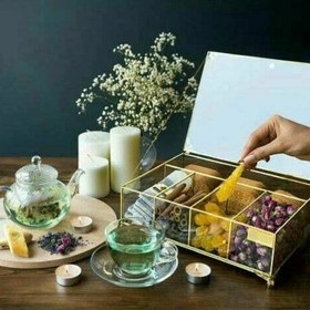 تصویر تی بگ برنجی شیشه ای باکس پذیرایی شیشه ای Tea Bax