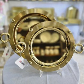 تصویر سینی گرد تمام طلایی نگار استیل دسته حلقه در دو سایز بزرگ و کوچک 