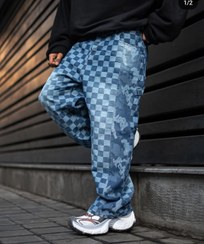 تصویر شلوار بگ مردانه کاستوم شطرنجی بغل چریکی در رنگ های آبی و مشکی وارداتی Imported checkered blue blak bag pants